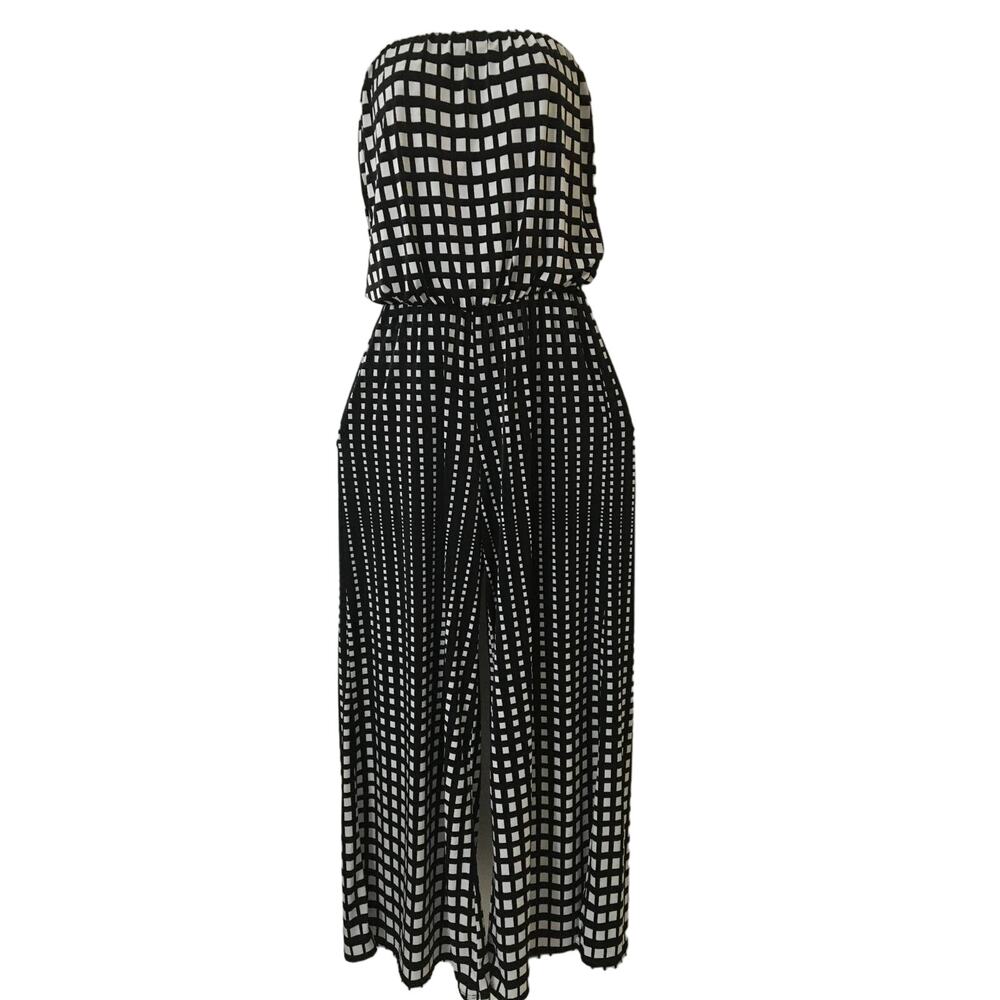 Ariella Small, Black & White Square Sleeveless Tube Jumpsuit Wide Flared Legs
